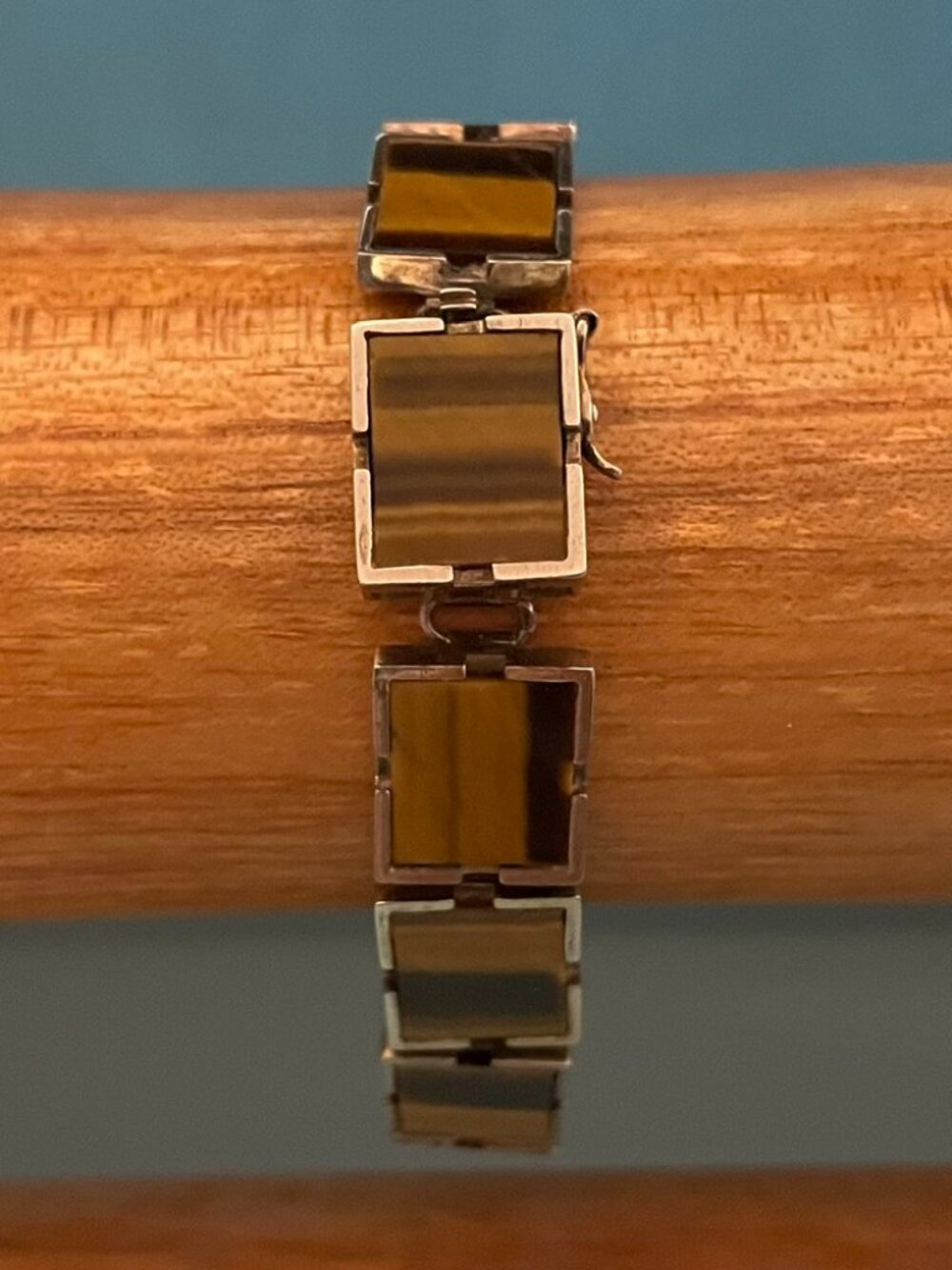 Vintage Sterling Silver Bracelet Tiger's Eye Modern Mid Century 6.75-7" 20 grams